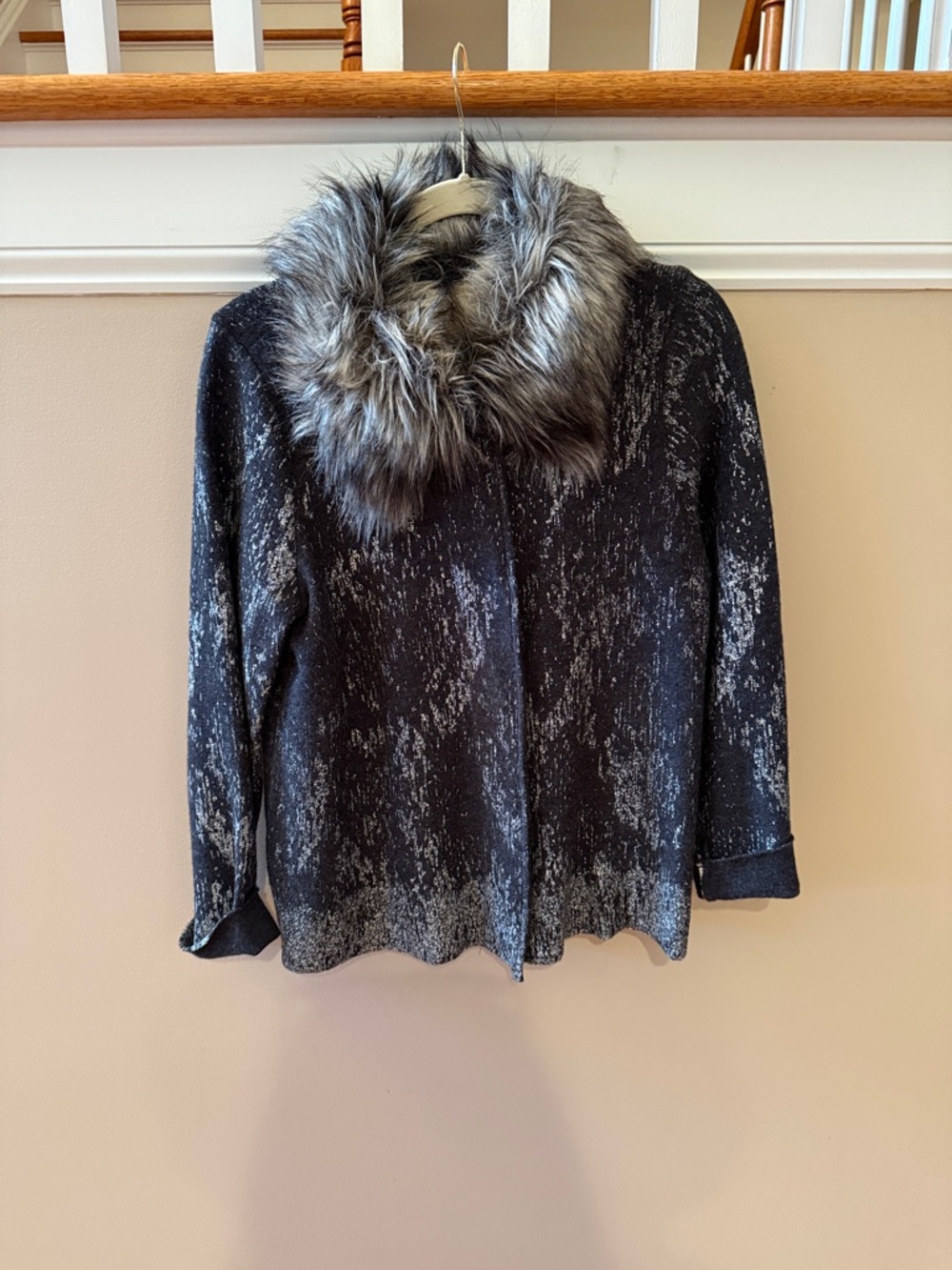Chico's Black and Gray Faux-Fur Collar Pea Coat